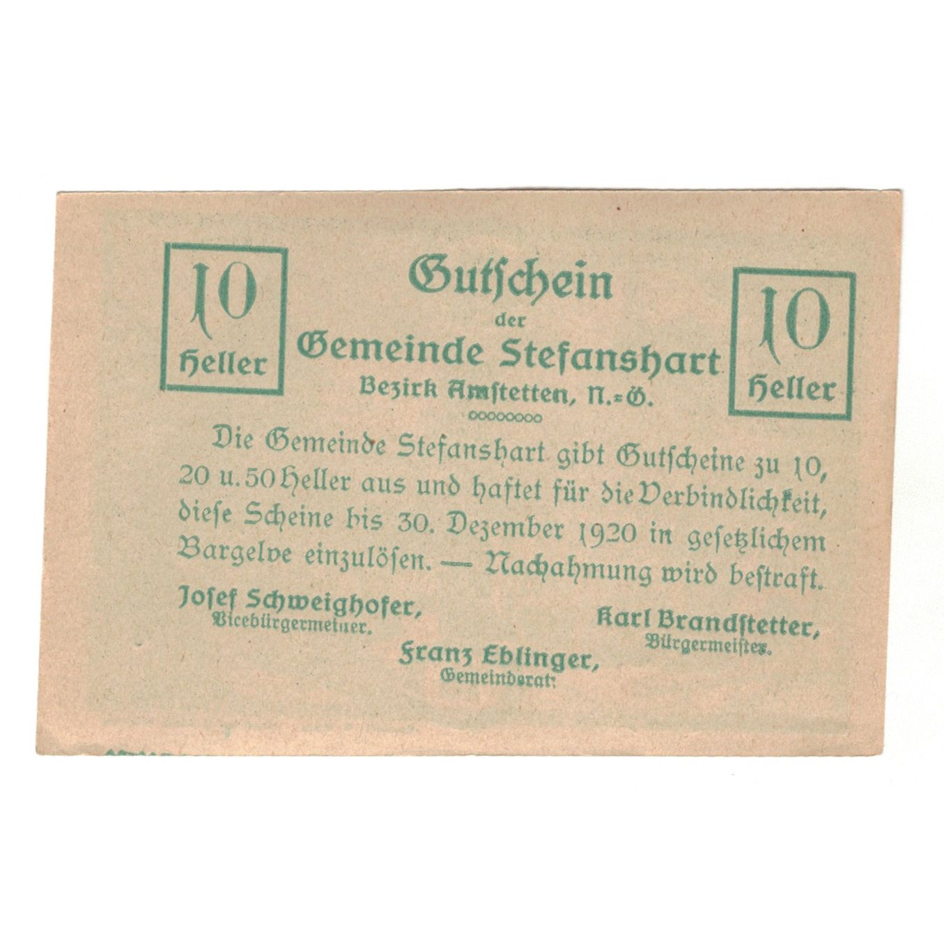 Banknote, Austria, Stefanshart Bezirk Amstetten N.Ö. Gemeinde, 10 Heller, texte