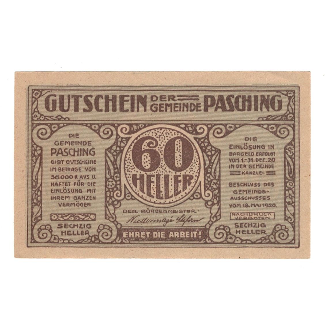 Banknote, Austria, Pasching O.Ö. Gemeinde, 60 Heller, Batiment, 1920