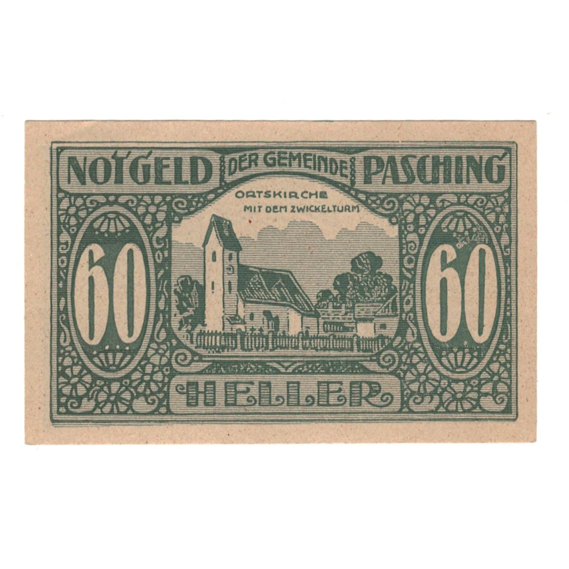 Banknote, Austria, Pasching O.Ö. Gemeinde, 60 Heller, Batiment, 1920