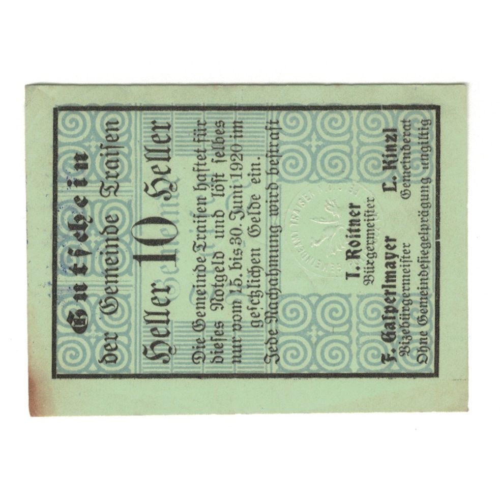 Banknote, Austria, Traisen N.Ö. Gemeinde, 10 Heller, N.D, 1920, 1920-06-30