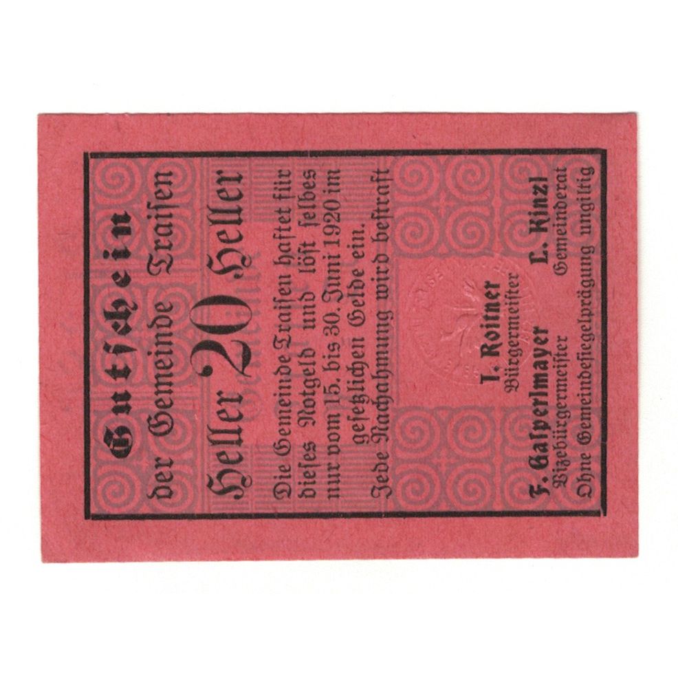 Banknote, Austria, Traisen N.Ö. Gemeinde, 20 Heller, N.D, 1920, 1920-06-30
