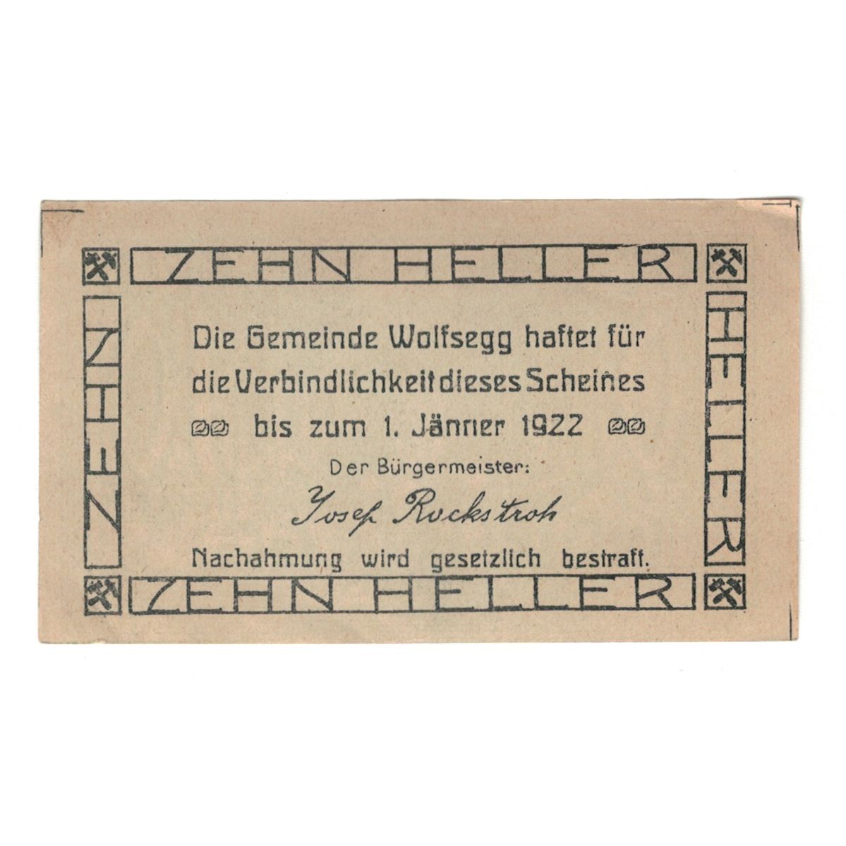 Banknote, Austria, Wolfsegg O.Ö. Gemeinde, 10 Heller, Texte, 1922, 1922-01-01