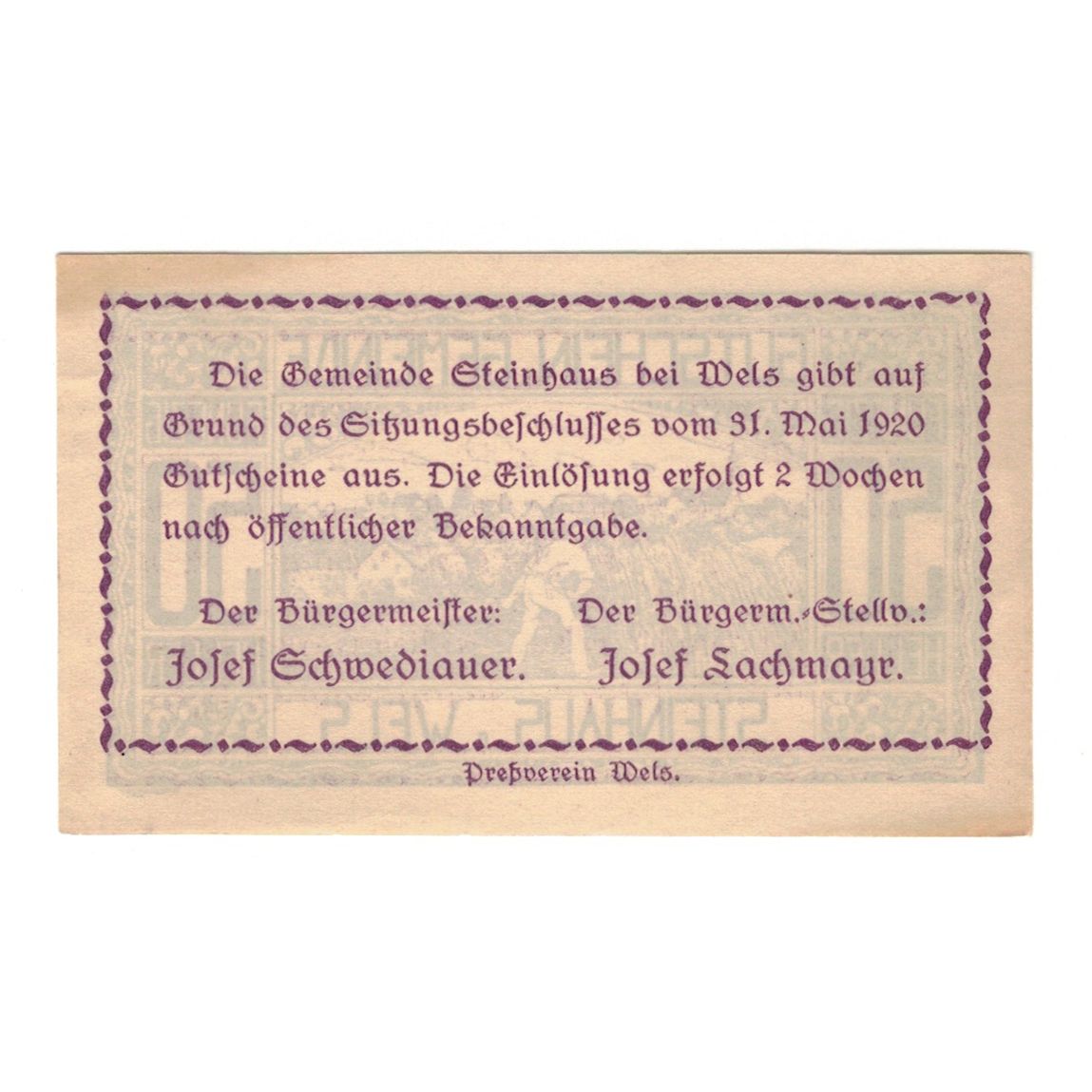 Banknote, Austria, Steinhaus Bei Wels O.Ö. Gemeinde, 50 Heller, Texte, 1920