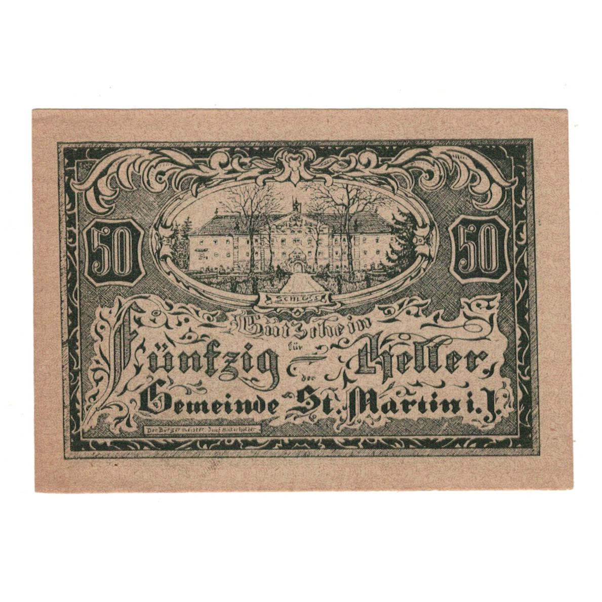 Biljet, Oostenrijk, St. Martin im Innkreis, 50 Heller, Texte, 1920, 1920-04-09