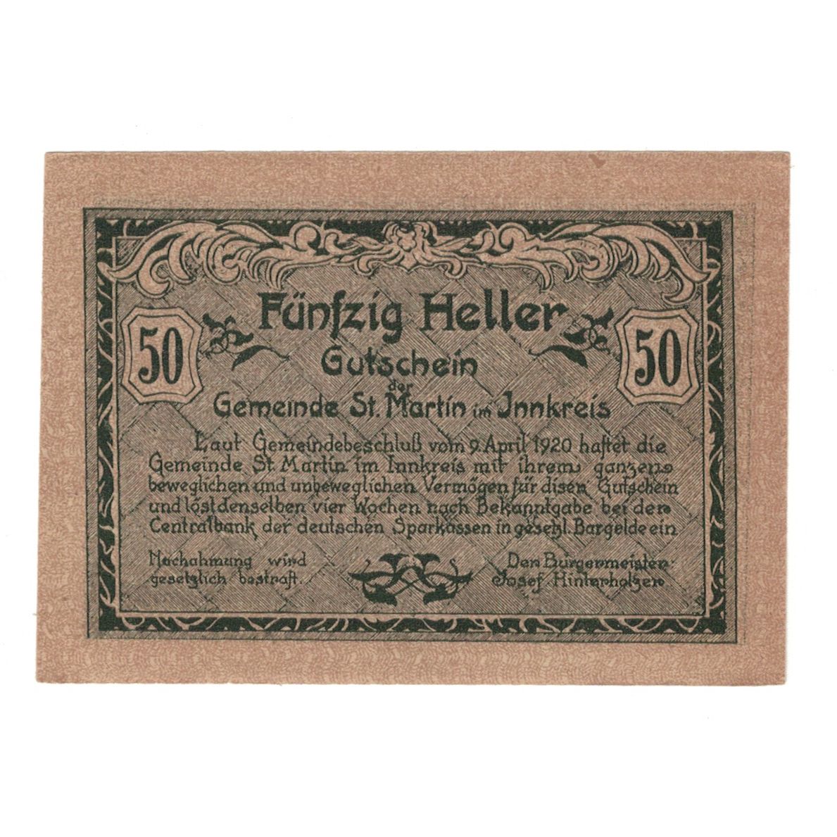 Biljet, Oostenrijk, St. Martin im Innkreis, 50 Heller, Texte, 1920, 1920-04-09