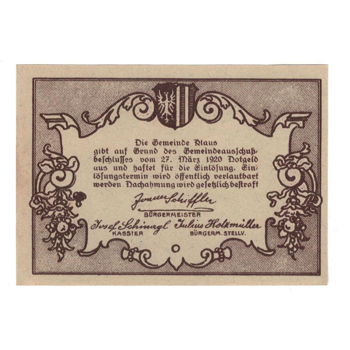 Nota, Áustria, Klaus O.Ö. Gemeinde, 20 Heller, Texte, 1920, 1920-03-27