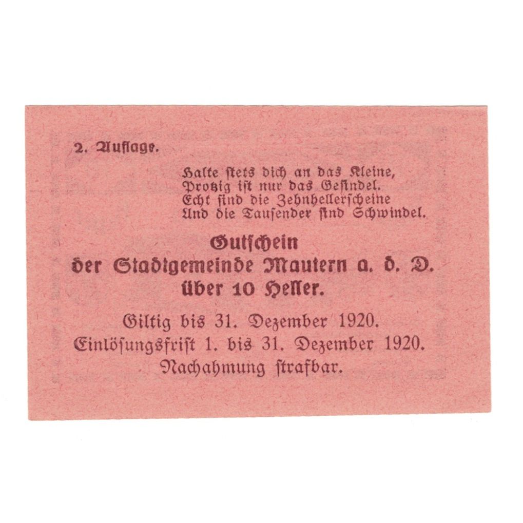 Banknote, Austria, Mautern N.Ö. Stadtgemeinde, 10 Heller, texte 1, 1920