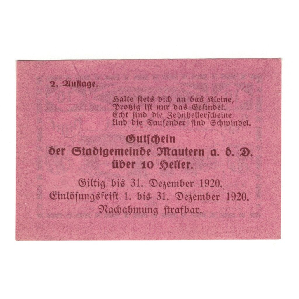 Nota, Áustria, Mautern N.Ö. Stadtgemeinde, 10 Heller, Texte 2, 1920