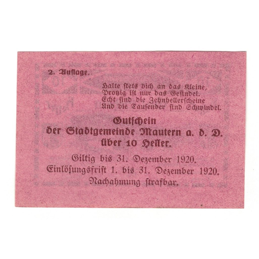 Banknote, Austria, Mautern N.Ö. Stadtgemeinde, 10 Heller, Texte 3, 1920