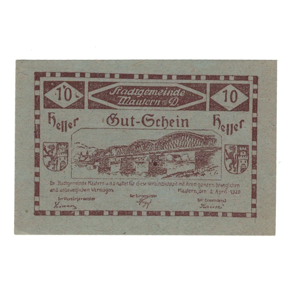 Banknote, Austria, Mautern N.Ö. Stadtgemeinde, 10 Heller, Texte 4, 1920