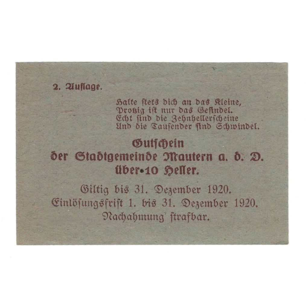 Banknote, Austria, Mautern N.Ö. Stadtgemeinde, 10 Heller, Texte 4, 1920