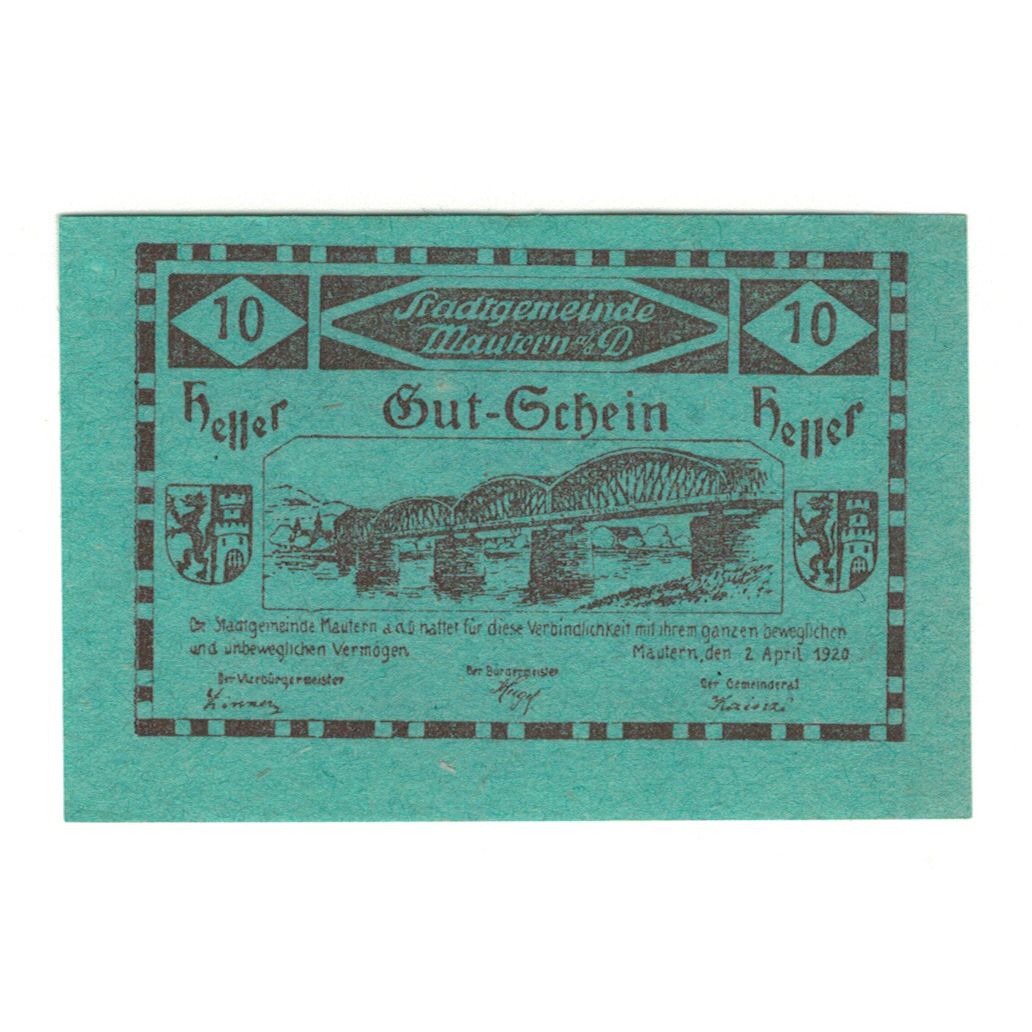 Banknote, Austria, Mautern N.Ö. Stadtgemeinde, 10 Heller, Texte  5, 1920