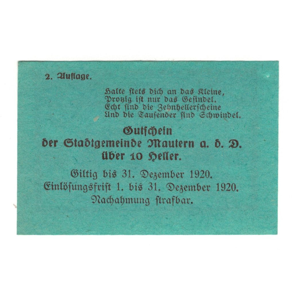 Banknote, Austria, Mautern N.Ö. Stadtgemeinde, 10 Heller, Texte  5, 1920