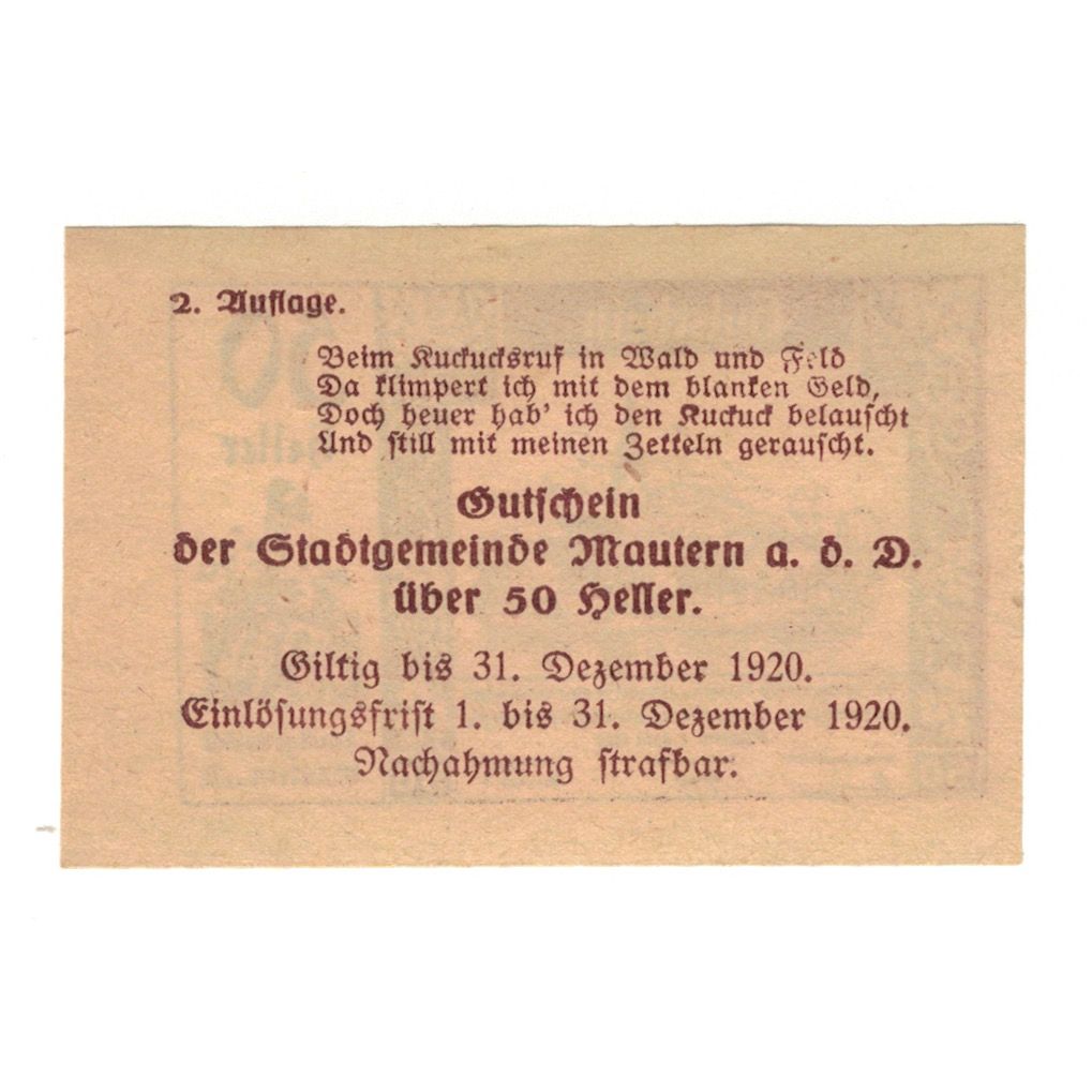 Banknote, Austria, Mautern N.Ö. Stadtgemeinde, 50 Heller, texte 1, 1920