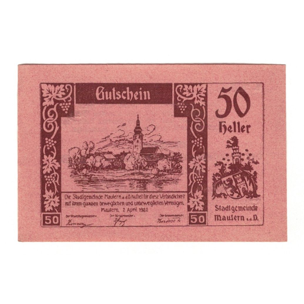 Biljet, Oostenrijk, Mautern N.Ö. Stadtgemeinde, 50 Heller, Texte 2, 1920