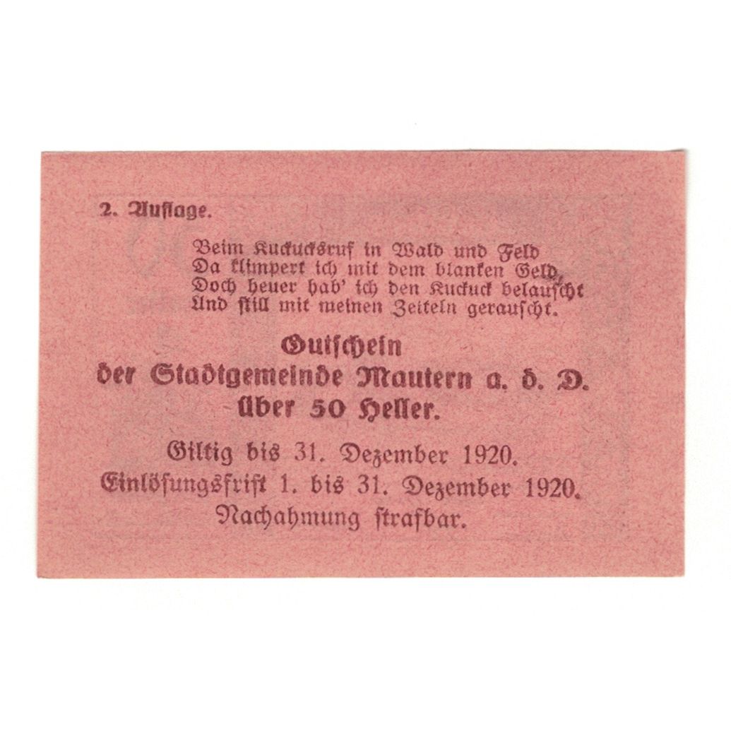 Biljet, Oostenrijk, Mautern N.Ö. Stadtgemeinde, 50 Heller, Texte 2, 1920