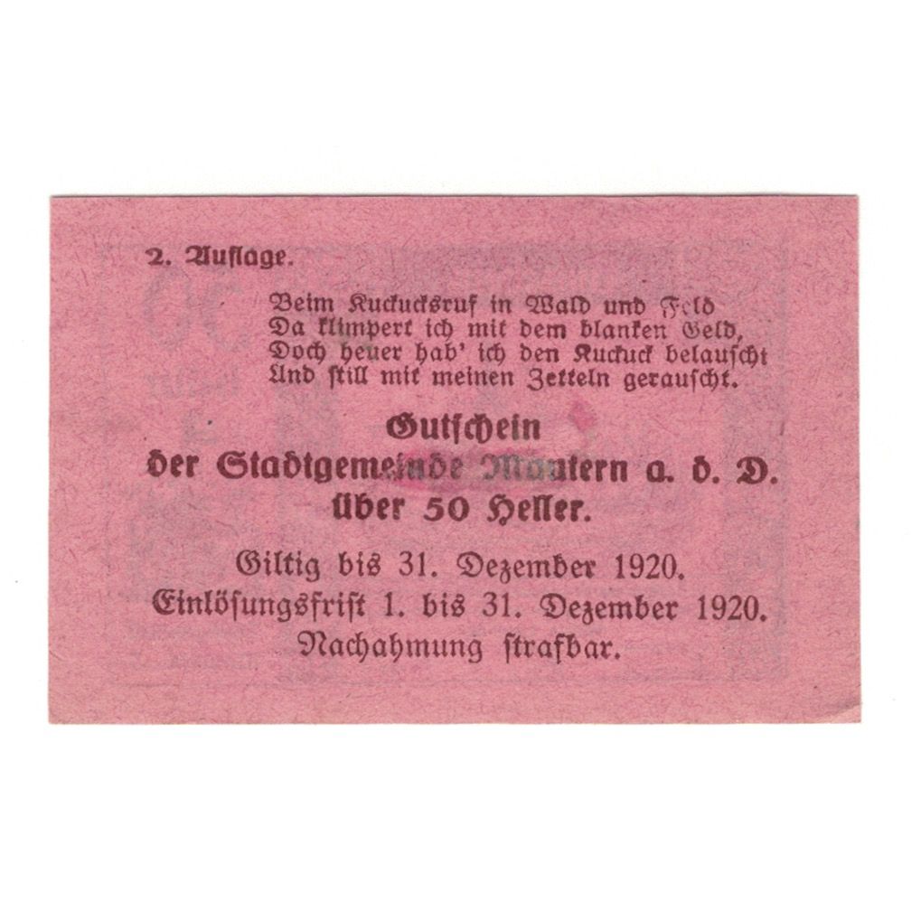 Banknote, Austria, Mautern N.Ö. Stadtgemeinde, 50 Heller, Texte 4, 1920