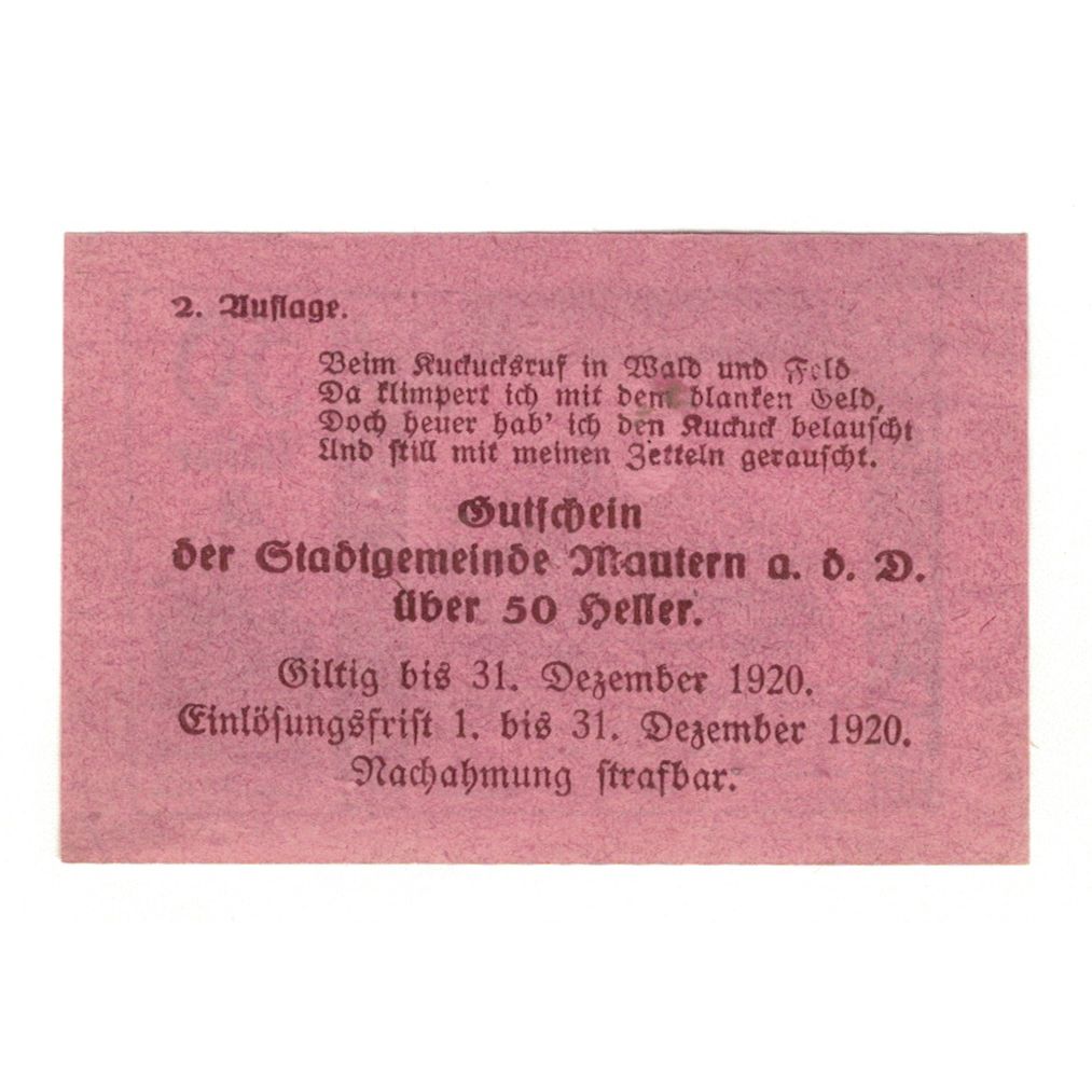 Banknote, Austria, Mautern N.Ö. Stadtgemeinde, 50 Heller, Texte  5, 1920