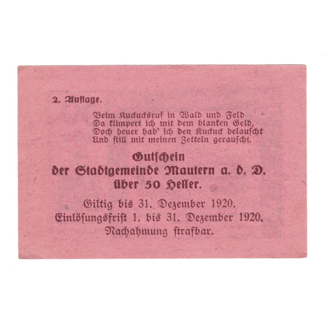Banknote, Austria, Mautern N.Ö. Stadtgemeinde, 50 Heller, Texte 6, 1920