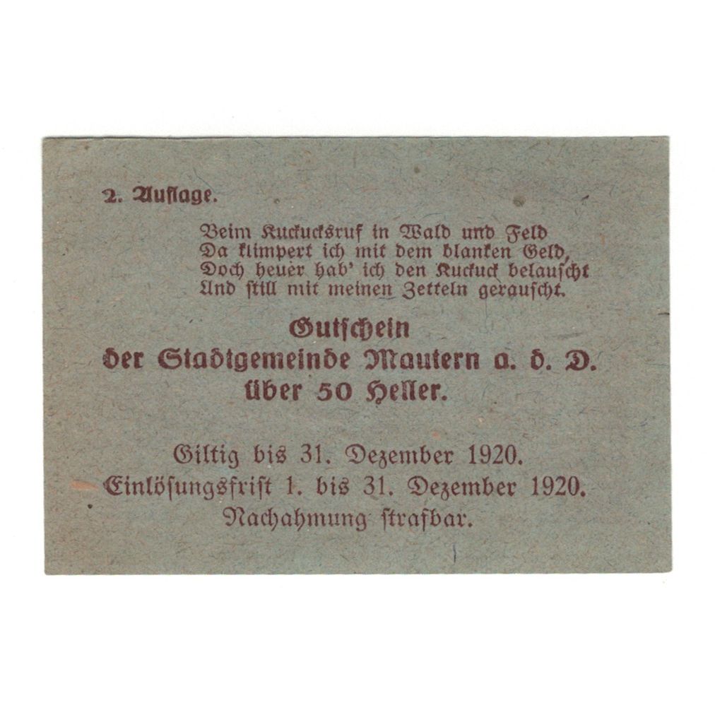 Banknote, Austria, Mautern N.Ö. Stadtgemeinde, 50 Heller, Texte 7, 1920