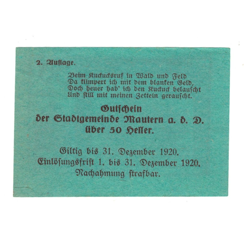 Banknote, Austria, Mautern N.Ö. Stadtgemeinde, 50 Heller, Texte 9, 1920