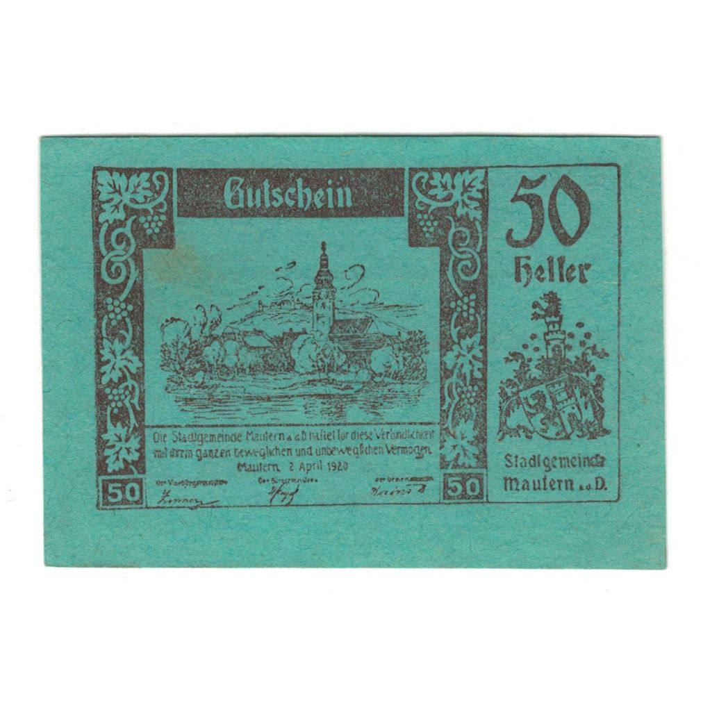 Biljet, Oostenrijk, Mautern N.Ö. Stadtgemeinde, 50 Heller, Texte, 1920