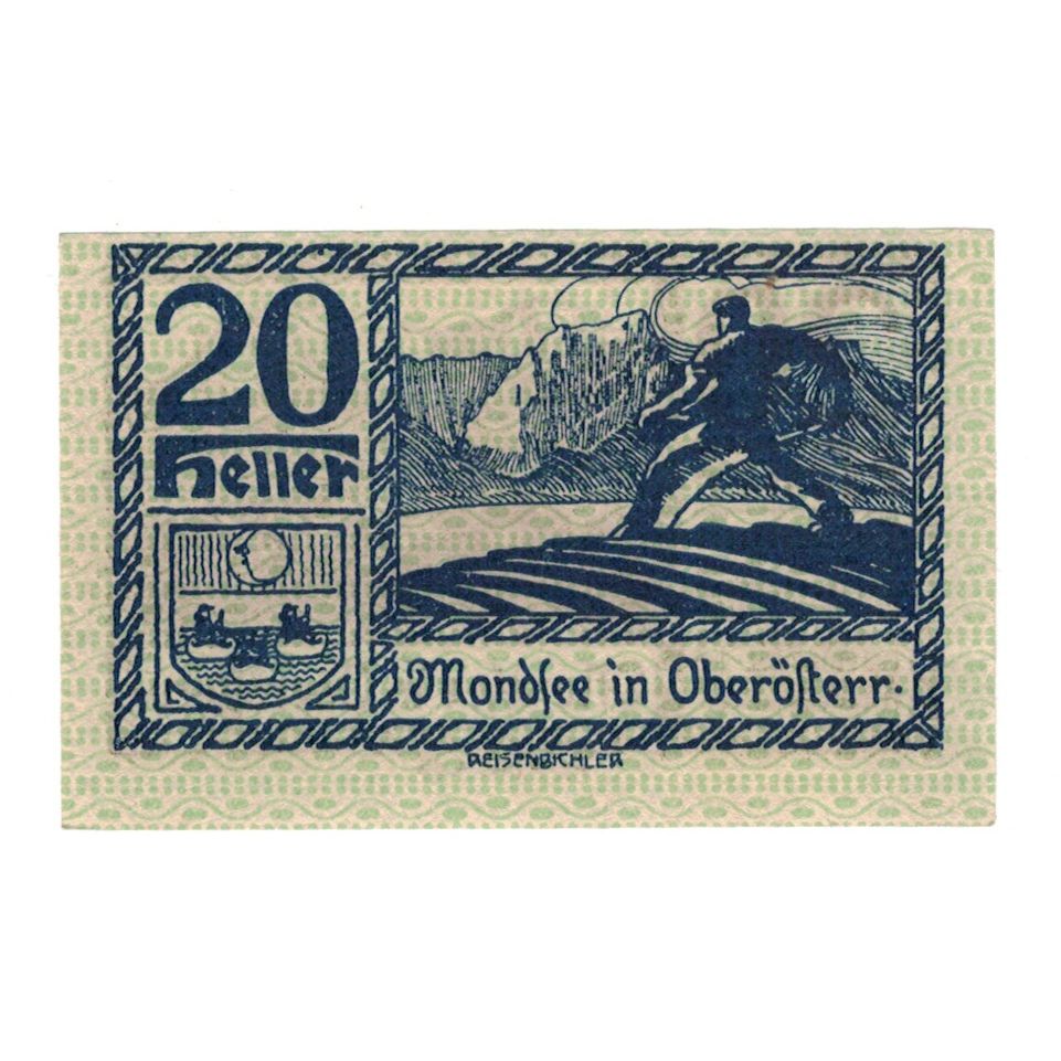 Nota, Áustria, Mondsee O.Ö. Marktgemeinde, 20 Heller, personnage, 1920