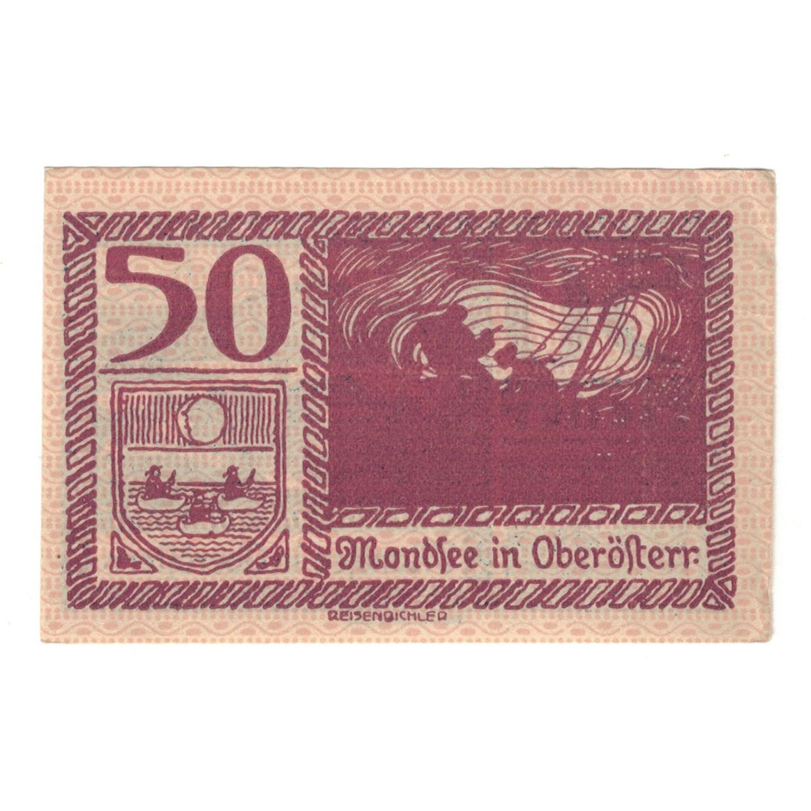 Biljet, Oostenrijk, Mondsee O.Ö. Marktgemeinde, 50 Heller, personnage 2, 1920