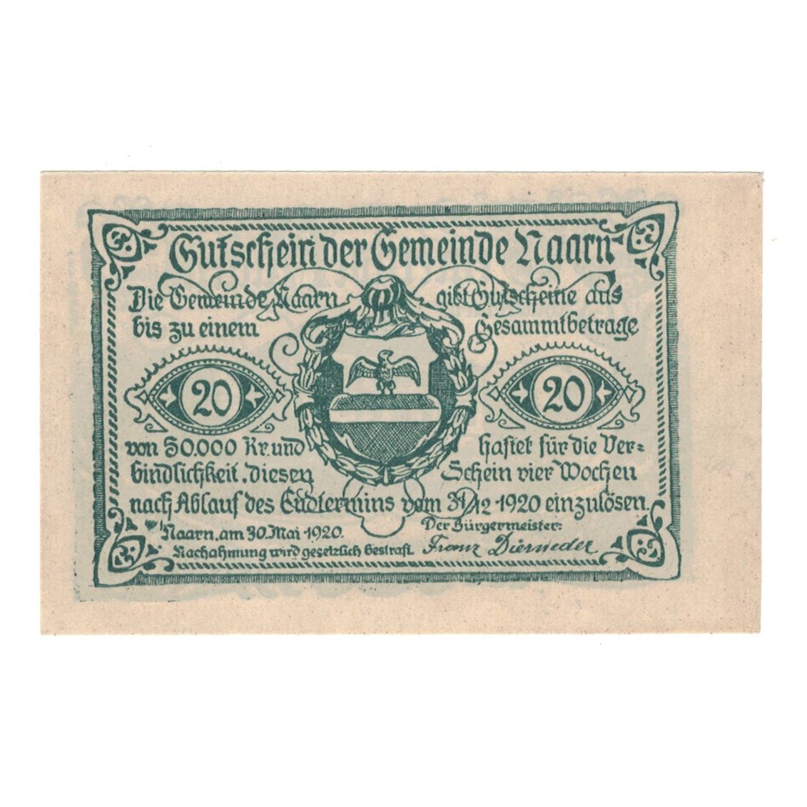 Billete, Austria, Naarn O.Ö. Gemeinde, 20 Heller, Batiment, 1920, 1920-12-31