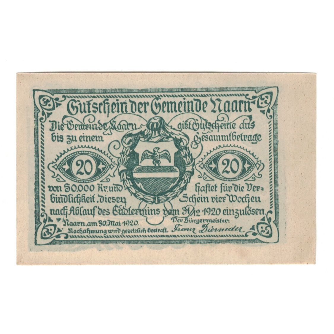Billete, Austria, Naarn O.Ö. Gemeinde, 20 Heller, batiment 1, 1920, 1920-12-31
