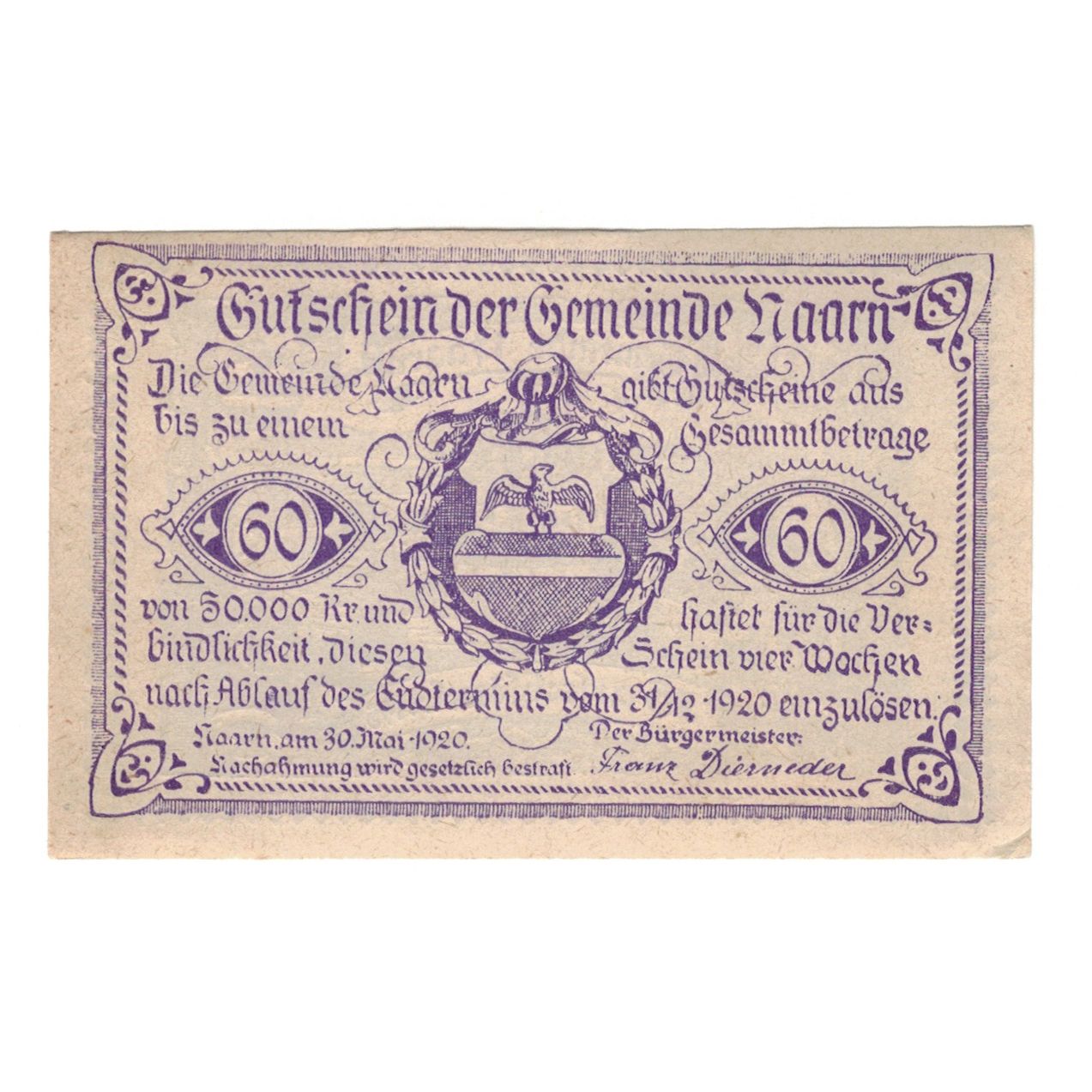 Biljet, Oostenrijk, Naarn O.Ö. Gemeinde, 60 Heller, paysage 1, 1920