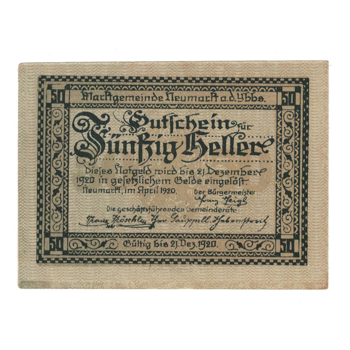 Geldschein, Österreich, Neumarkt an der Ybbs N.Ö. Marktgemeinde, 50 Heller