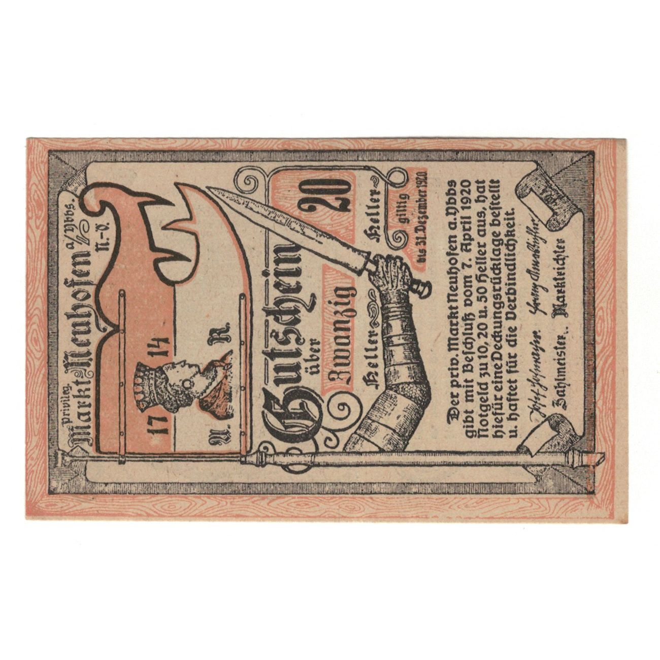 Banknote, Austria, Neuhofen a.d. Ybbs N.Ö. Privileg. Markt, 20 Heller, texte 1