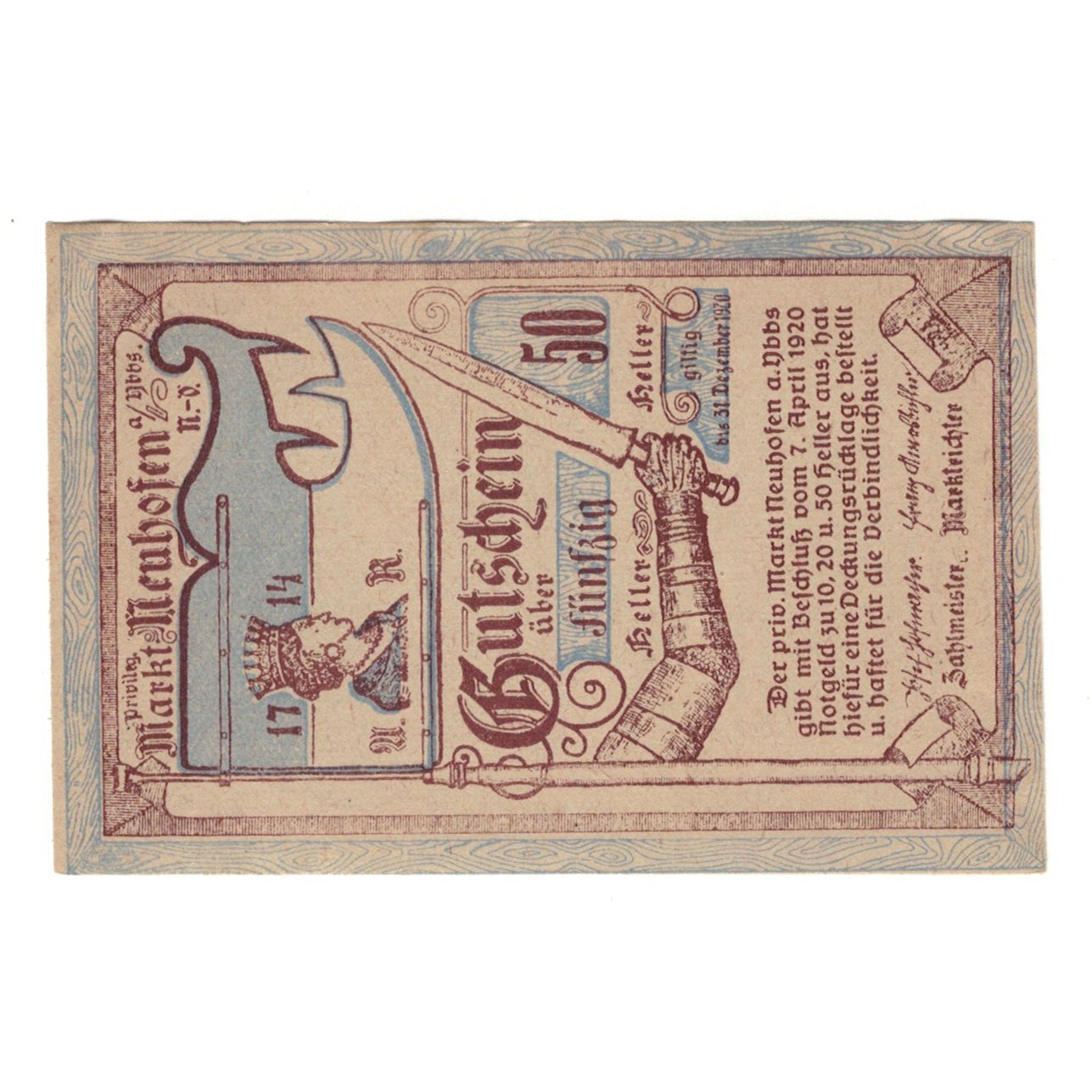 Nota, Áustria, Neuhofen a.d. Ybbs N.Ö. Privileg. Markt, 50 Heller, texte 1