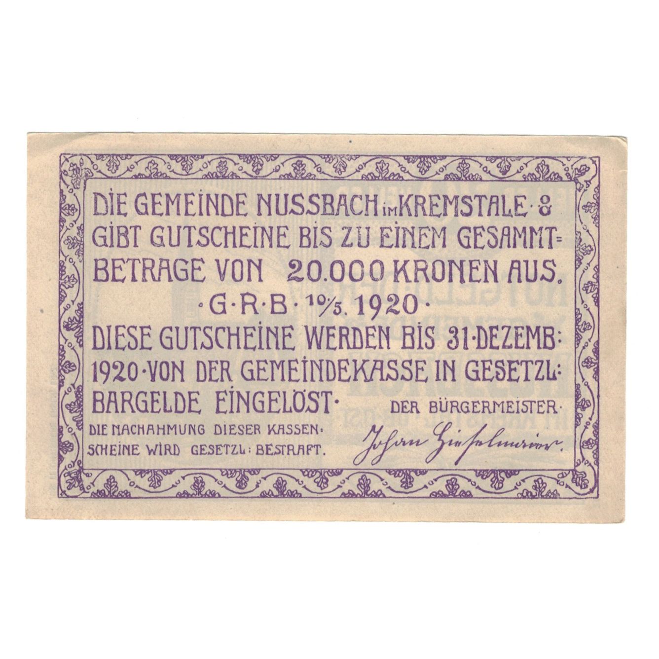 Banknote, Austria, Nussbach im Kremstal O.Ö. Gemeinde, 20 Heller, Texte, 1920