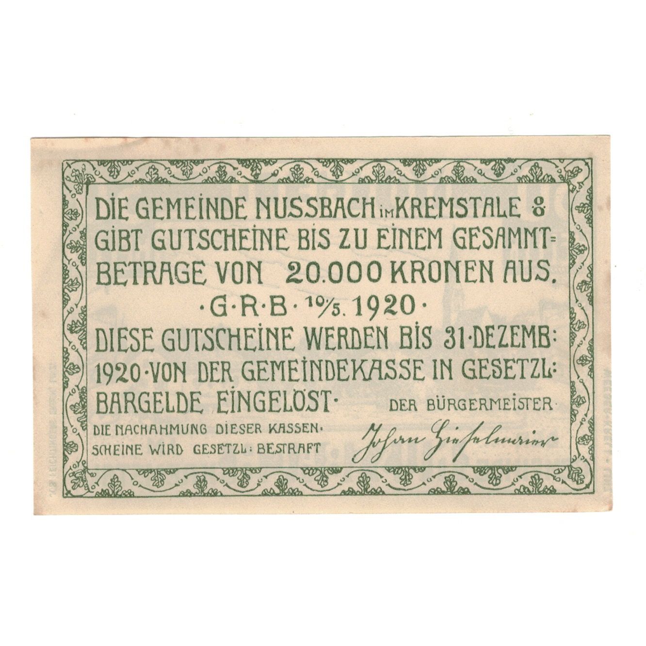 Banknote, Austria, Nussbach im Kremstal O.Ö. Gemeinde, 50 Heller, texte 1