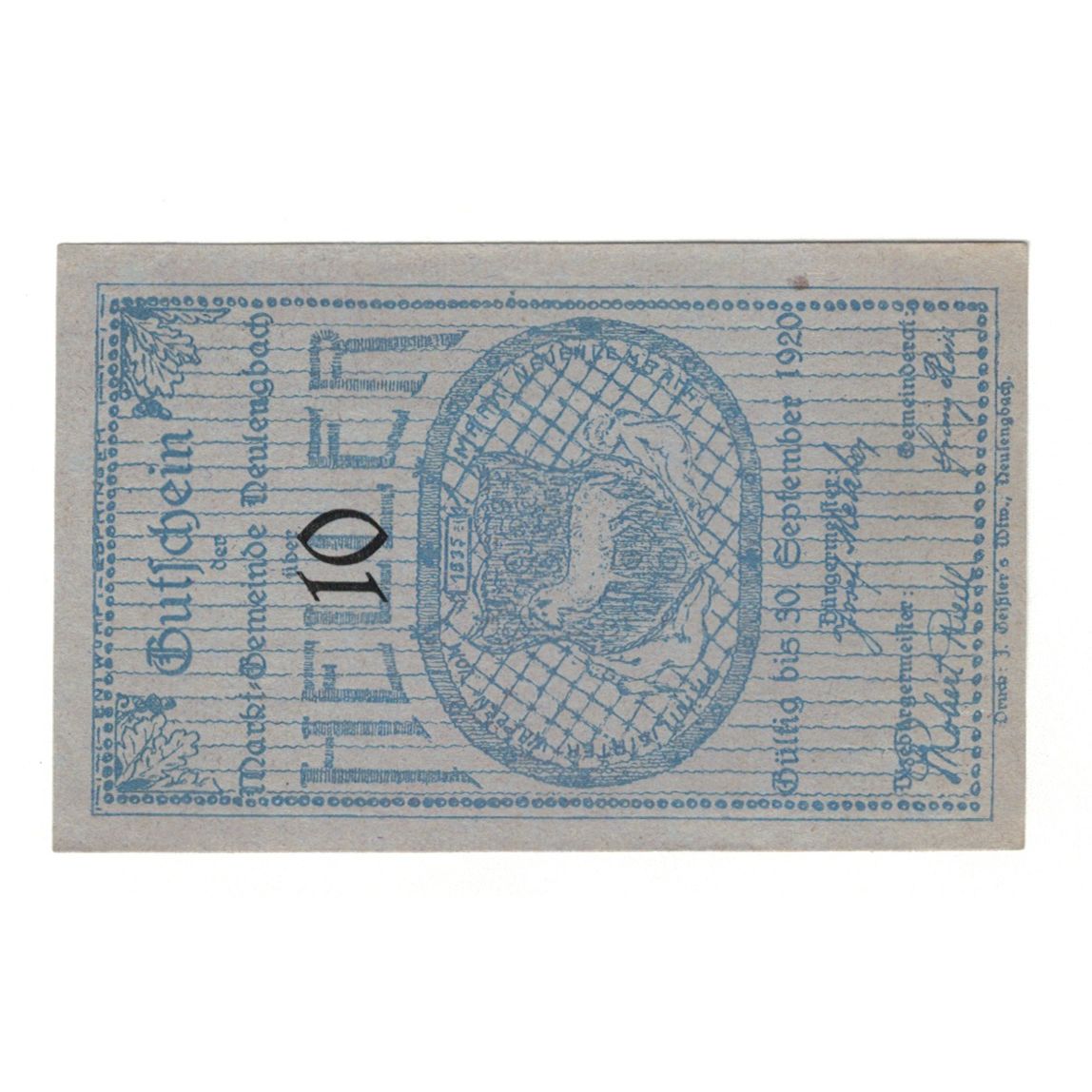 Banknote, Austria, Neulengbach N.Ö. Marktgemeinde, 10 Heller, batiment 1, 1920
