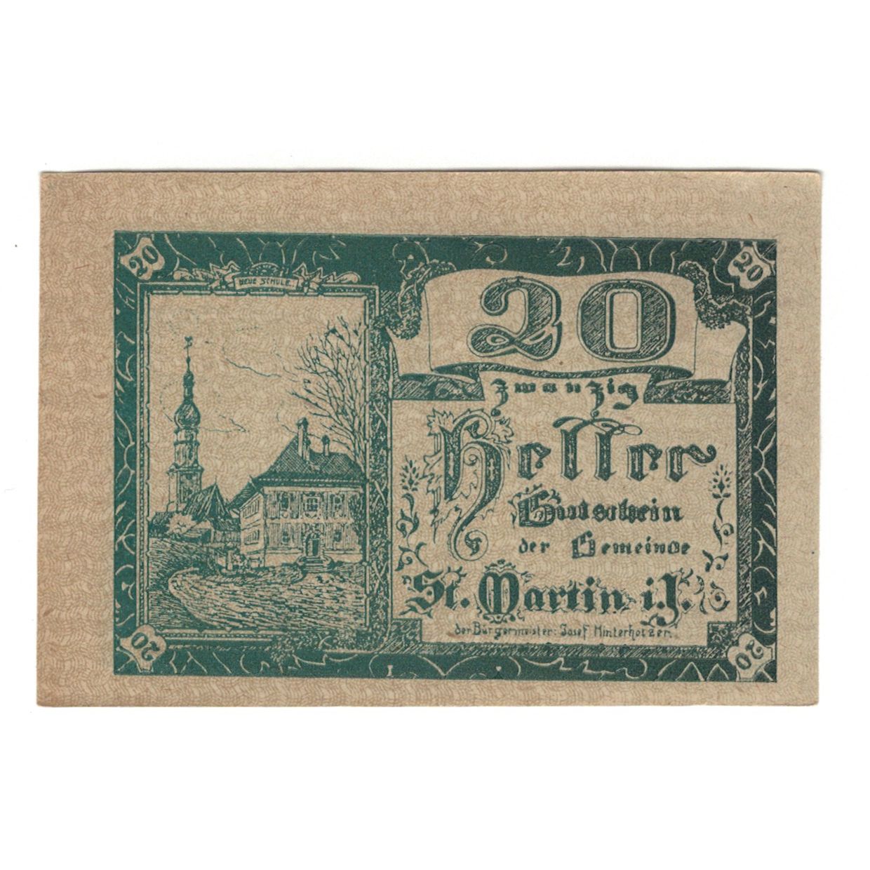 Billete, Austria, St. Martin im Innkreis, 20 Heller, batiment 1, 1920