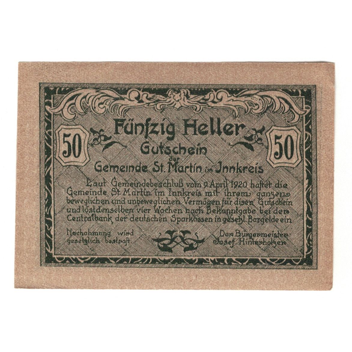 Nota, Áustria, St. Martin im Innkreis, 50 Heller, Batiment, 1920, 1920-04-09
