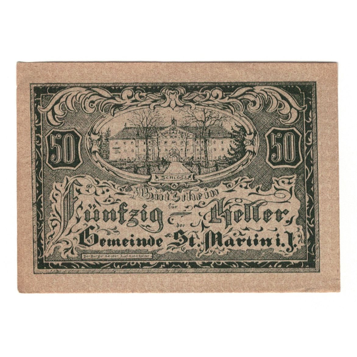 Nota, Áustria, St. Martin im Innkreis, 50 Heller, Batiment, 1920, 1920-04-09