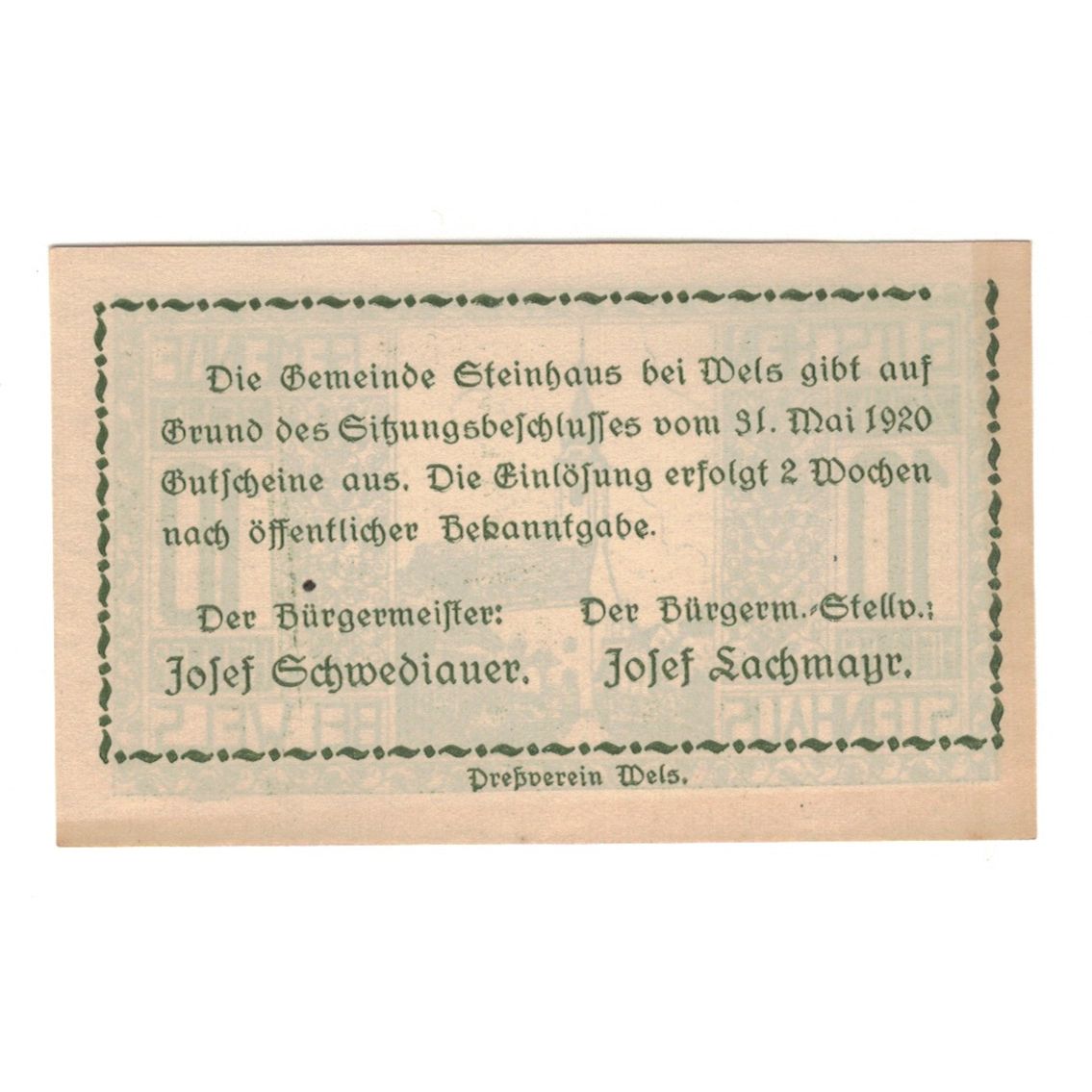 Nota, Áustria, Steinhaus Bei Wels O.Ö. Gemeinde, 10 Heller, texte 1, 1920