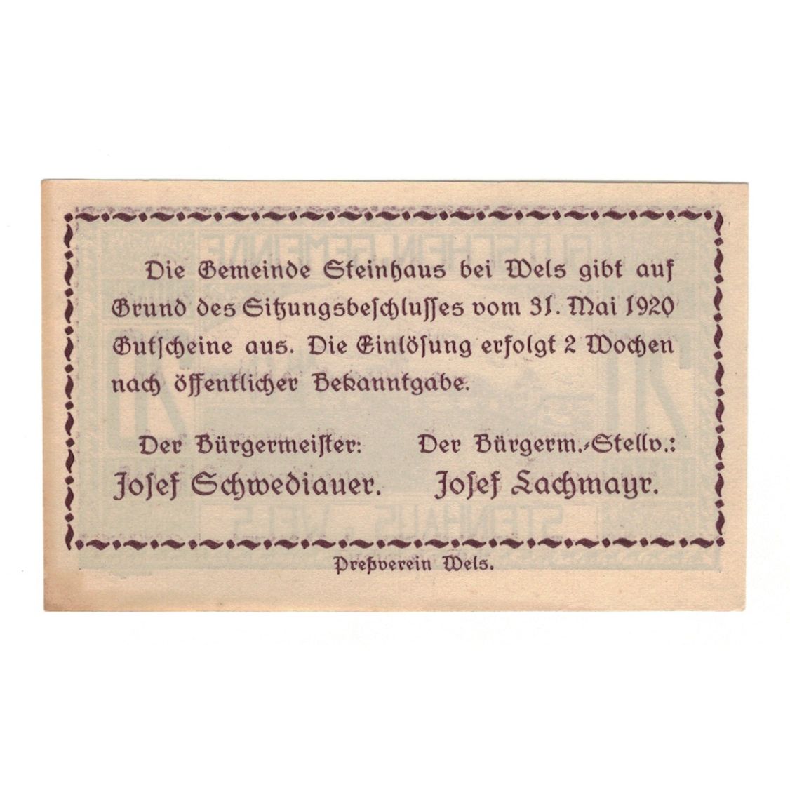 Billete, Austria, Steinhaus Bei Wels O.Ö. Gemeinde, 20 Heller, Texte, 1920