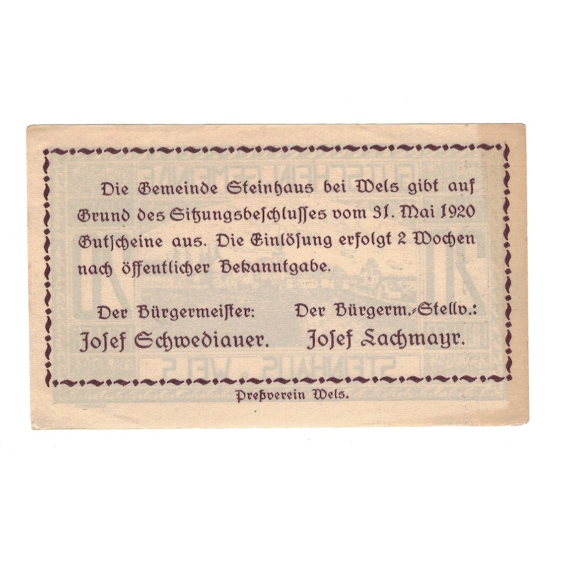 Billete, Austria, Steinhaus Bei Wels O.Ö. Gemeinde, 20 Heller, texte 1, 1920