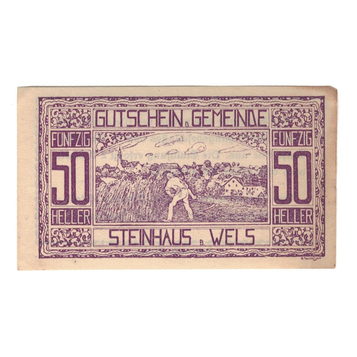 Biljet, Oostenrijk, Steinhaus Bei Wels O.Ö. Gemeinde, 50 Heller, Texte, 1920