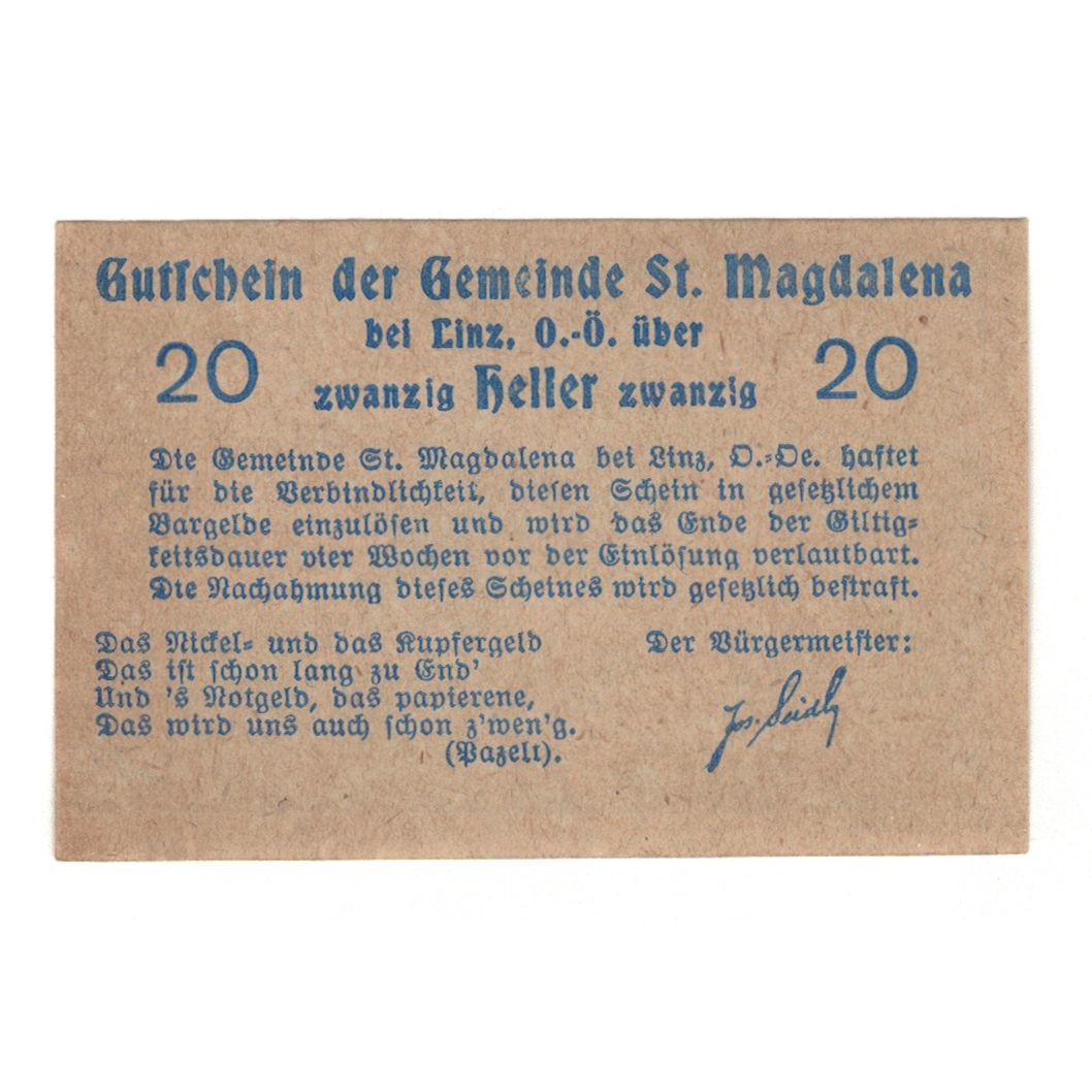Billete, Austria, St. Magdalena Bei Linz, O.Ö., Gemeinde, 20 Heller, Texte