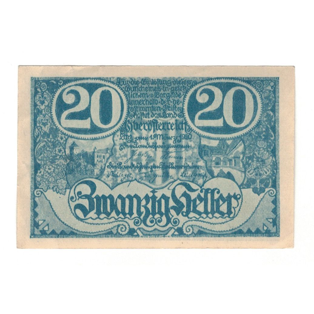 Nota, Áustria, Oberösterreich O.Ö. Land, 20 Heller, valeur faciale 1, 1920