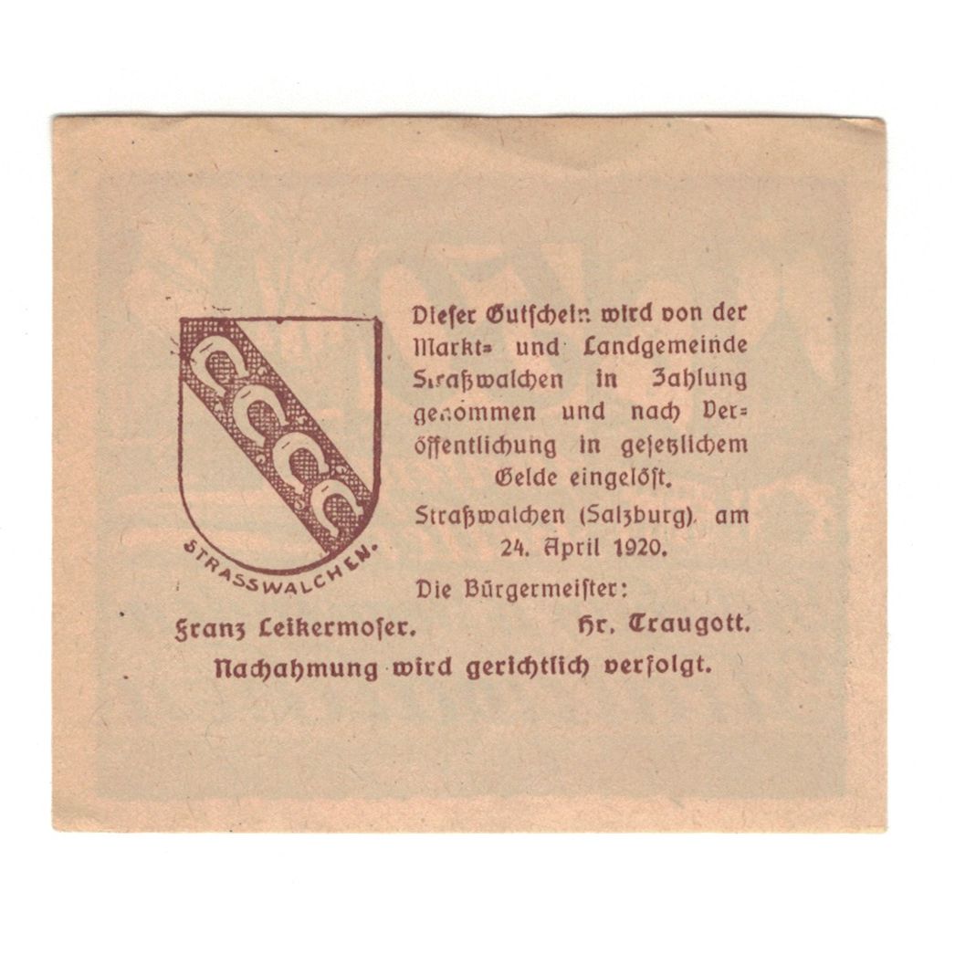 Banknote, Austria, Strasswalchen Sbg. Markt U. Landgemeinde, 50 Heller, Texte