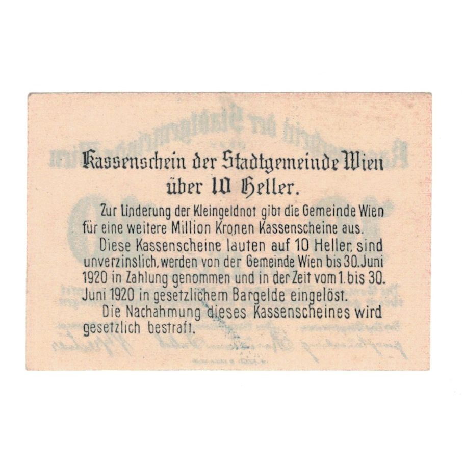 Banknote, Austria, Wien N.Ö. Stadtgemeinde, 10 Heller, Texte, 1919, 1919-12-31