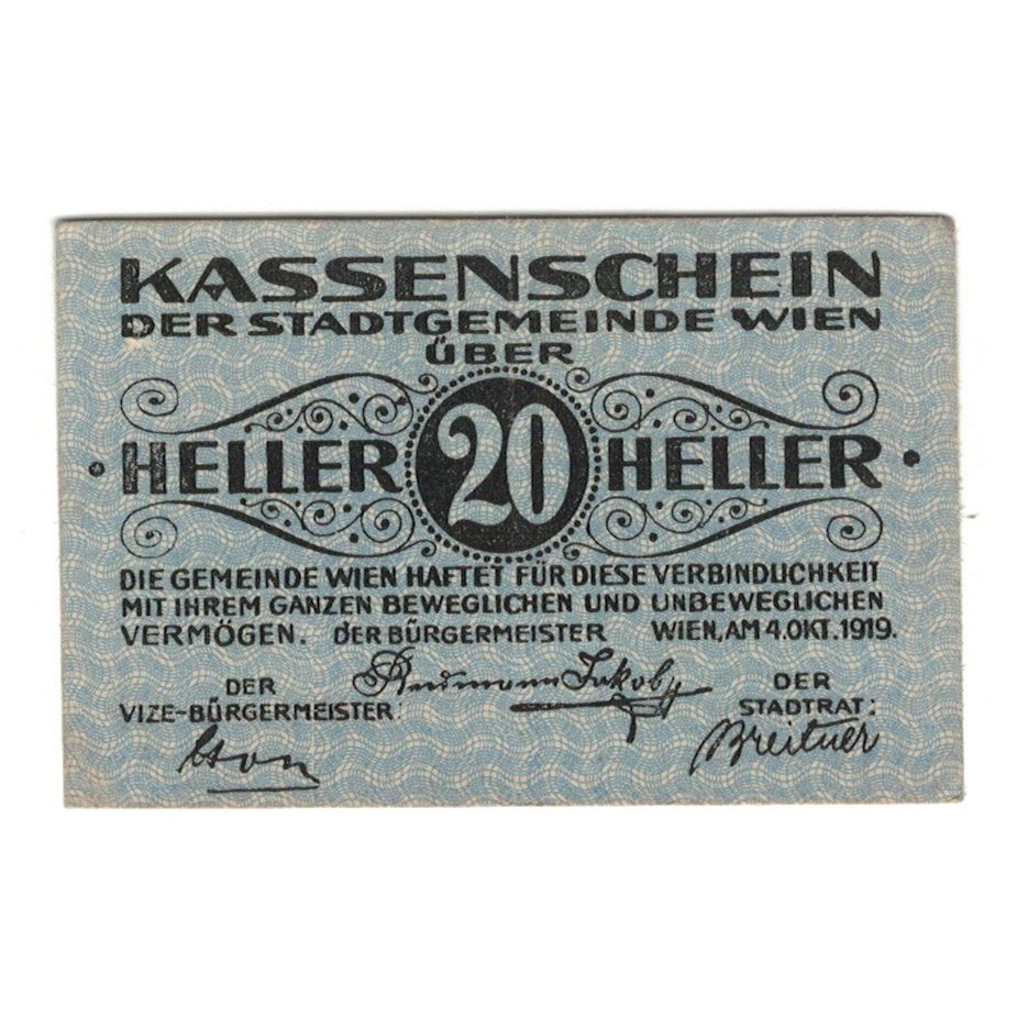 Banknote, Austria, Wien N.Ö. Stadtgemeinde, 20 Heller, Texte, 1919, 1919-12-31