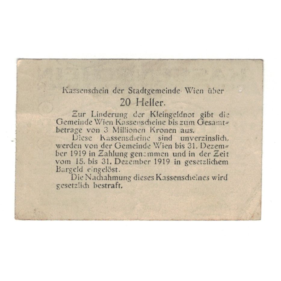 Banknote, Austria, Wien N.Ö. Stadtgemeinde, 20 Heller, Texte, 1919, 1919-12-31